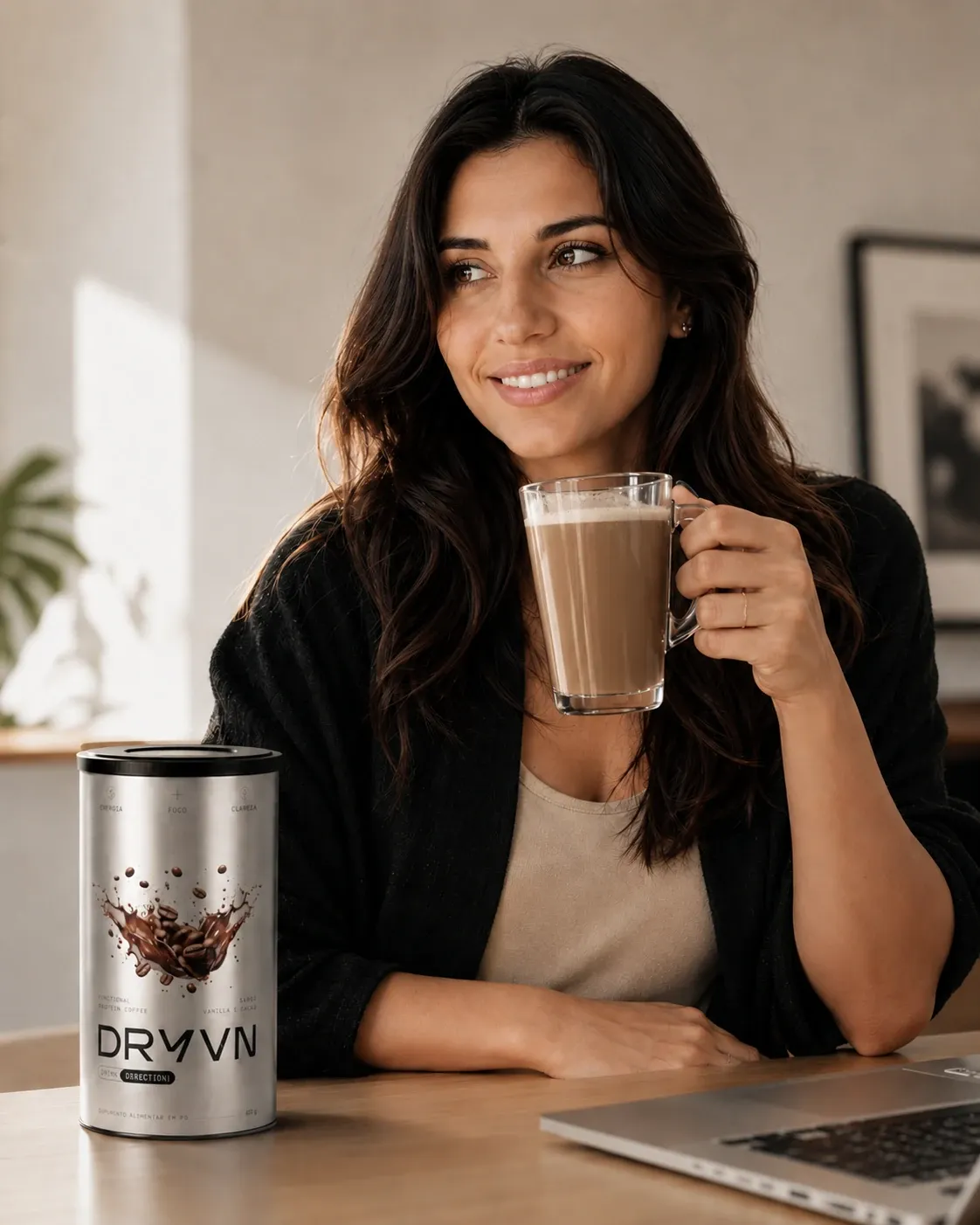 Mulher sorrindo com caneca de DRYVN no escritório