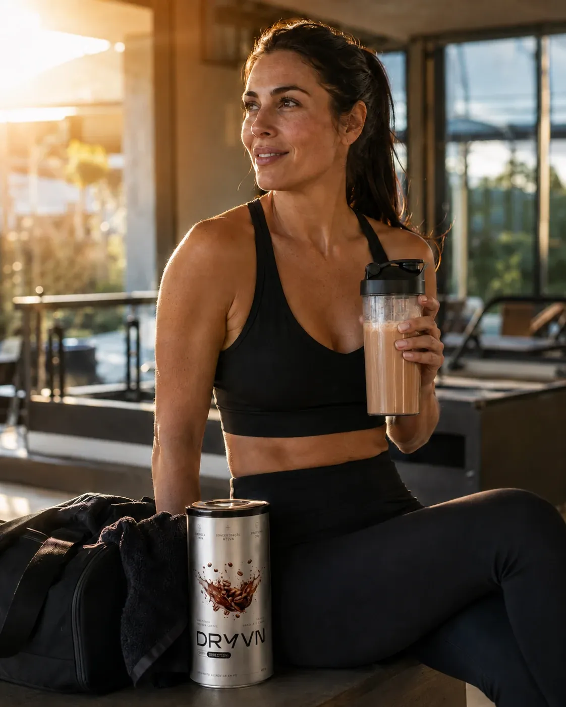 Mulher em roupa de treino com shaker de DRYVN