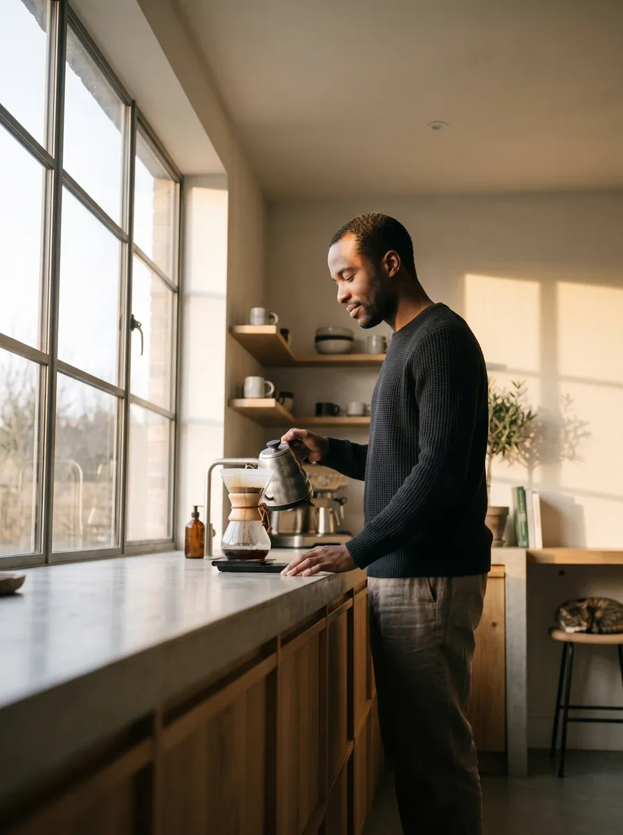 Homem preparando café na cozinha pela manhã