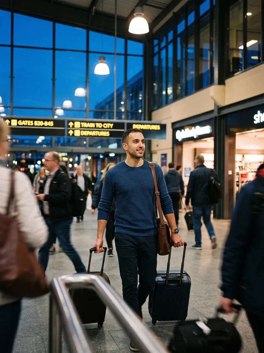 Homem em aeroporto a caminho de uma reunião