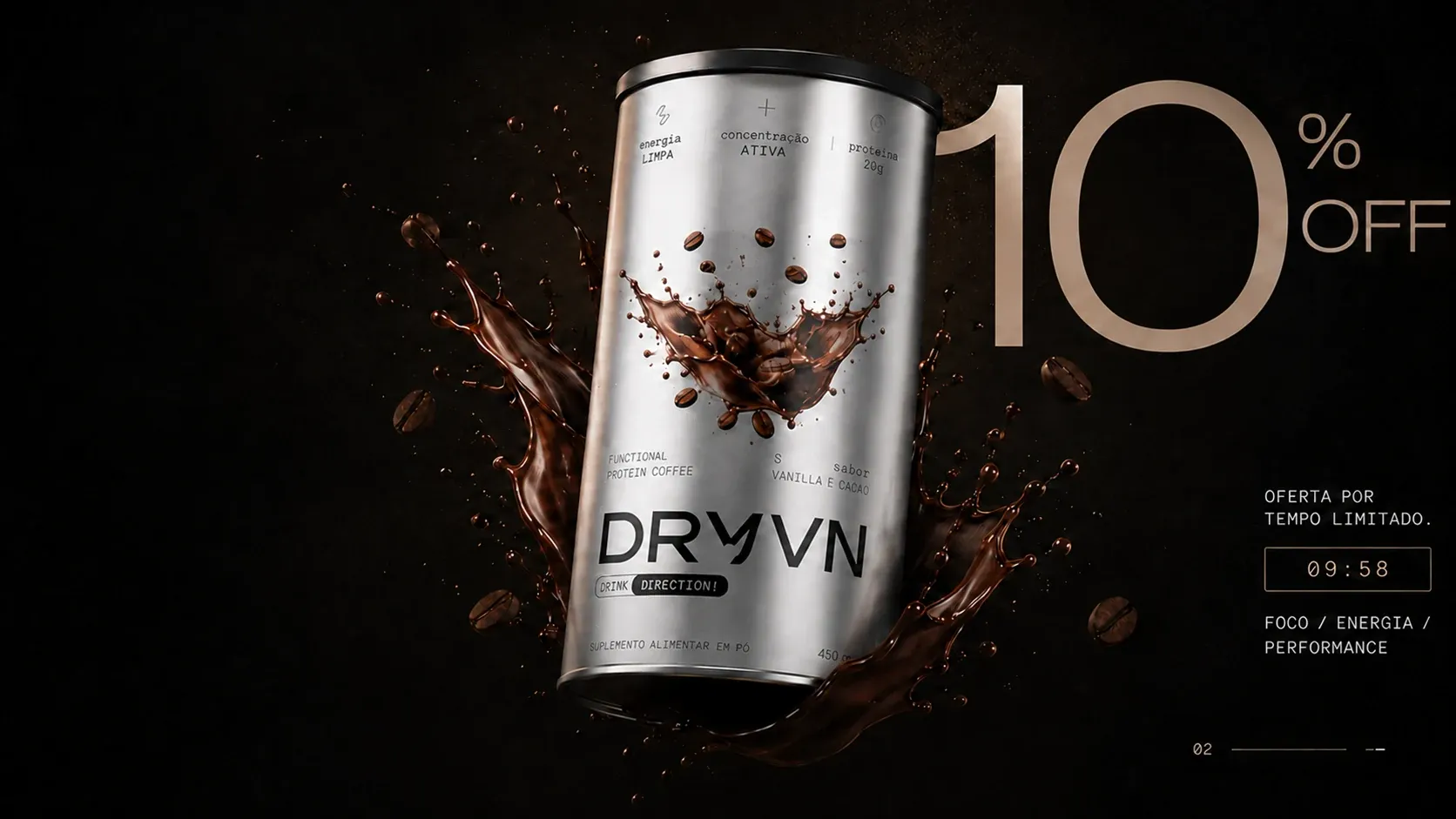 Lata de DRYVN com respingos de café e o selo 10% OFF, oferta por tempo limitado