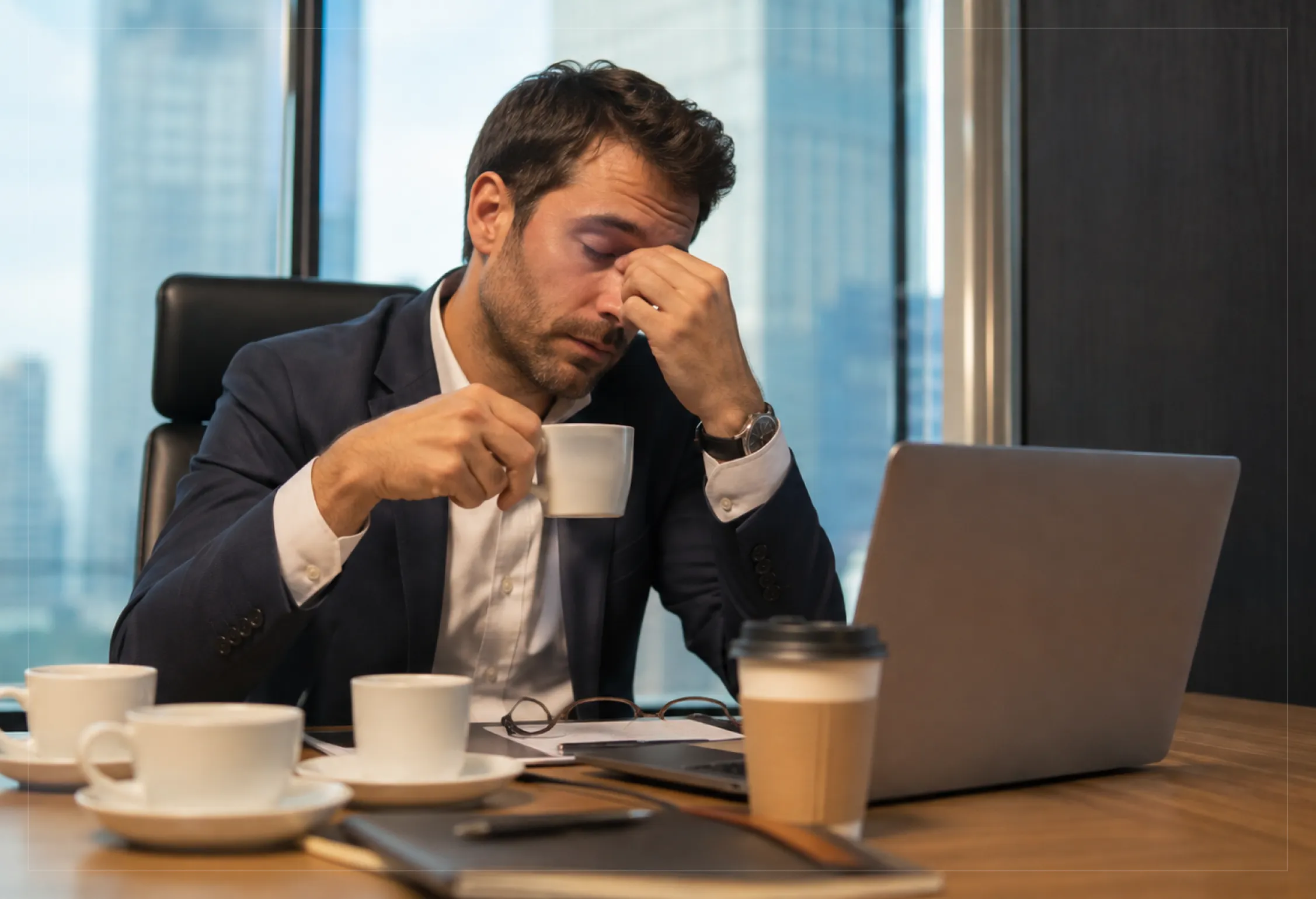 Homem cansado no escritório, com várias xícaras de café sobre a mesa